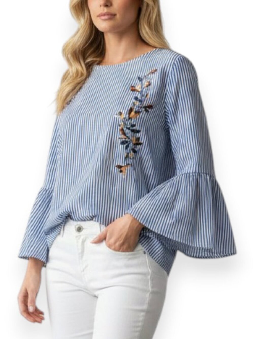 NWT St John's Bay Embroidered Boho Blouse Women’s Petite Large Blue White Stripe